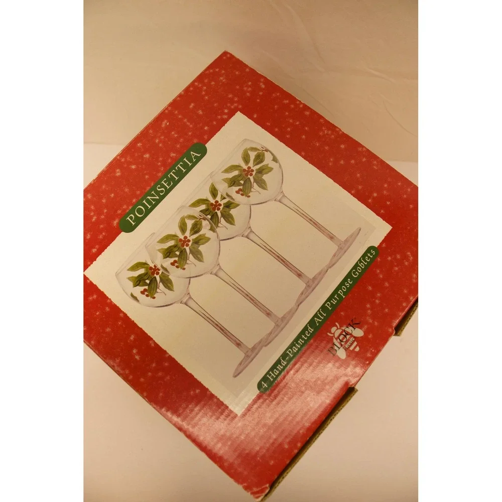 Block Basics Poinsettia Hand Painted All Purpose Goblets Set of 4 Christmas Wine
